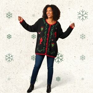 VTG Christmas Sweater Cardigan 3X Basic Editions Holiday Cardinal  Black